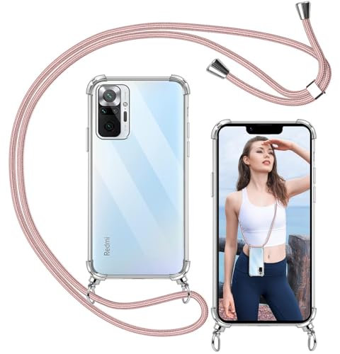 ISOI - Coque avec Cordon Compatible avec Xiaomi Redmi Note 10 Pro, Collier Réglable Téléphone Portable Lanyard Case, Ètuis à Bandoulière Transparente en Silicone TPU Souple avec Airbag Antichoc- Rose