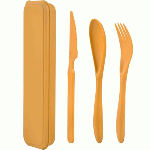 CHEFZOCO Juego de cubiertos de plástico, Cubiertos de viaje, Juego de cubiertos Reutilizables, Set de cubiertos de viaje, Tamaño estuche 20 cm, Incluye tenedor, cuchillo y cuchara, Plástico, Amarillo