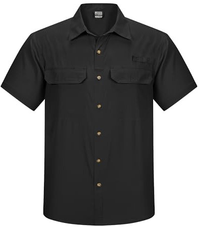 Outdoor Ventures Men's Quick Dry Casual Shirts UPF 50 Button Down Hiking Shirts Lightweight Short Sleeve Cooling Shirt for Safari Fishing Golf Travel Black XL