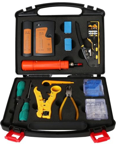 trophable Network Tool Kit, 12 in 1 Professional RJ45 Crimp Tool Kit Pass Through Crimper RJ45 Tester 110/88 Punch Down Tool Stripper Cutter Cat6 Pass Through Connectors and Boots