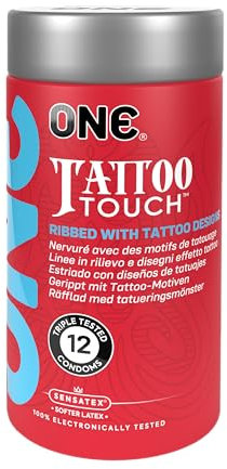 ONE® Tattoo Touch Kondome, strukturiert mit einzigartigen Tattoo-inspirierten Designs, vegan, gentechnikfrei, Naturkautschuklatex, 12 Stück