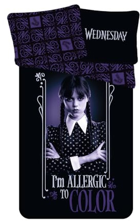 Wednesday Addams Bettwäsche 140x200 + Kissenbezug 100% Baumwolle Mercredi | Wendebettwäsche Einzelbett | Naturbaumwolle atmungsaktiv Oeko-Tex | Offizielle Lizenz | Jugendliche | Geschenk