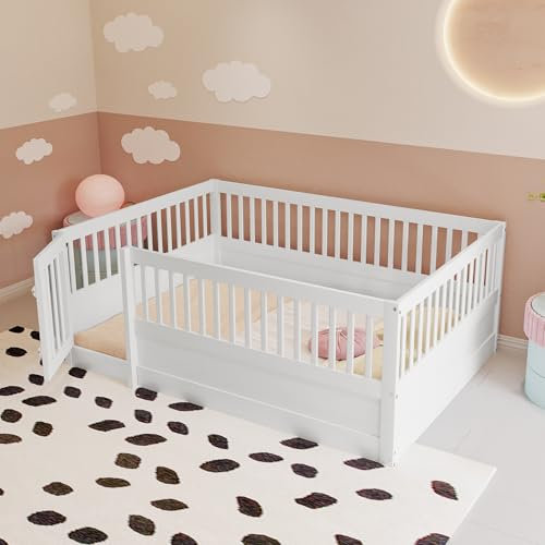 WIZBED Kinderbett 140 x 200 cm, Montessori Bodenbett inkl. Rausfallschutz und Tür Holzbett für Jungen und Mädchen, Gitterbett, ohne Matratze & Lattenroste