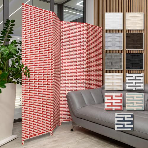 HEXIM Paravent 180x180 cm - Trennwand 4-teilig klappbar für Innenbereich - freihstehender Raumteiler Innenbereich Dekorativer Sichtschutz (L24100-weiß & rot)