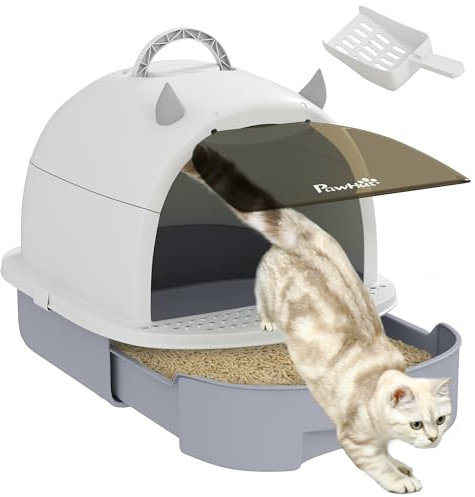 PawHut Maison de Toilette pour Chat, bac à litière fermé Chat, 2 Packs de filtres au Charbon poignée de Transport Porte translucide Nettoyage Facile Gris