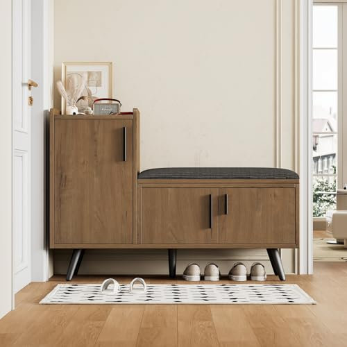 Banco de zapatos de entrada con asiento acolchado, zapatero moderno de madera con espacio de almacenamiento, organizador de zapatos rústico en el pasillo, sala de estar y dormitorio