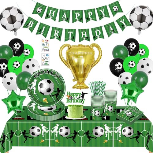Fussball Partygeschirr Set,Fussball Geburtstag Deko,Kindergeburtstag Deko,Geburtstag Party Geschirr mit Luftballons Servietten für Kindergeburtstag16 Gäste