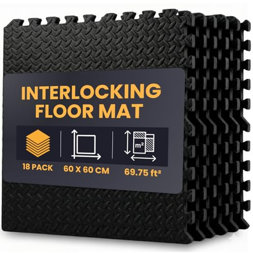 NOVECRAFTO Interlocking Floor Mats, 18 Pack (6.48m²) – 60 X 60cm Soft Non-Slip Water-Resistant Foam Tiles, 10mm Thick – Gym Flooring for Garage, Home Workout, Playroom