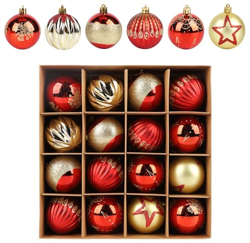 Weihnachtskugeln, Dekoration, 6 cm, mehrere Stile, bruchsicher, elegante weiße und goldene Weihnachtsschmuck mit Aufhängeschlaufe für Weihnachtsbaum, Heimdekoration, Rot und Gold, 16 Stück