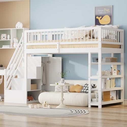 LANTRO JS Hochbett 90x200 mit Kleiderschrank, Kinderbett Hochbett mit Treppe und Stauraum, Stockbett, Kinderhochbett, Ohne Matratze, Weiß