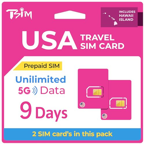 Prepaid SIM-Karte USA Reise – 2er Pack | 9 Tage | Unbegrenzte 5G-Daten, Anrufe & SMS im T-Mobile-Netz (Hawaii inbegriffen) | Aufgerüstete 5G-SIM-Karte!
