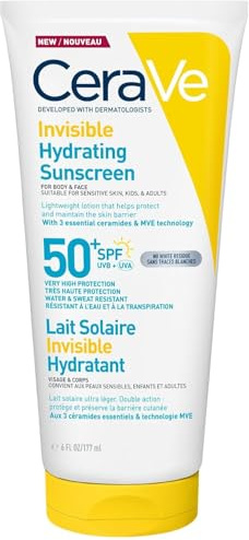 CeraVe, Lait Solaire Invisible Hydratant 24h SPF50+, Enfants et Adultes, Haute Protection Solaire, Non Gras et Collant, Visage et Corps, Hypoallergénique, 3 Céramides et Vitamine E, Résiste à l'Eau