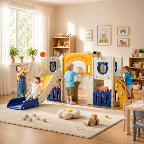 MAMIZO 10 in 1 Scivolo per Bambini,Scivolo per Bambini da Esterno,Blu Giall | Scivolo Giocattolo da Interno o Esterno Canestri da Basket e Telescopi,Spazio Deposito e Tunnel,Tavolo da Disegno,4PCS Moduls