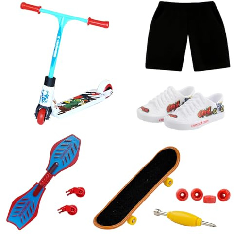 DIFLAX Mini Fingerspielzeug Set Finger Skateboard Finger Scooter Finger Spitzen Mini Fingerboards Training Requisiten mit Reparaturwerkzeugen und Kleidung für Kinder Erwachsene Partygeschenke (Blau)