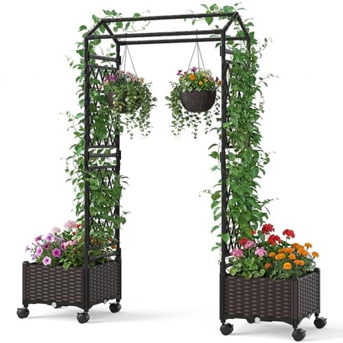 FANTASK 2 in 1 Rosenbogen mit Pflanzkästen, Pflanzkübel mit hängendem Dach & Rankgitter, Rosen Rankhilfe auf Rollen, Metall & PP-Rattan, Rankkasten für Kletterpflanzen (Braun)