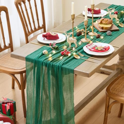 GUJOXILA Tischläufer Dunkelgrün Weihnachten Käsetuch 300x80cm Tischdeko | Weihnachten Musselin Gaze Tischläufer für Winterpartys Hochzeit Kommunion Geburtstag Rustikal Dekostoff
