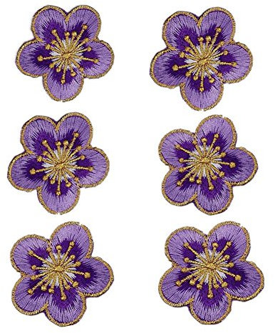 Set aus 6 Pflaumenblüten-Aufnähern mit goldener Borte violett