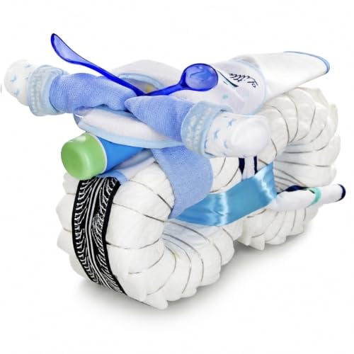 Windelmotorrad blau ROCKSTAR für Jungen – Windeltorte Motorrad 45-teilig | Geschenk zur Geburt, Baby Shower & Babyparty