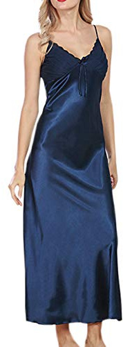 WSLCN Femme Chemises de Nuit Satin Dentelle Col V Profond Sling Nuisette Lingerie Sexy Peignoir Robe de Nuit Longue Robe de Chambre Sleepwear