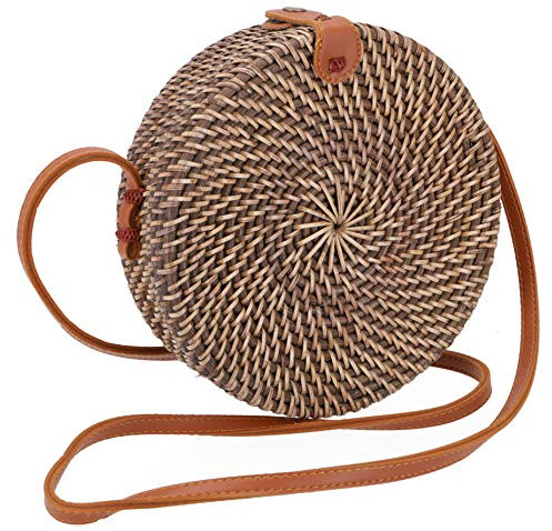 GURU SHOP Geflochtene Handtasche, Korbtasche, Rattantasche, Balitasche Rund - Modell 1, Braun, 20x20x7 cm, Körbe & Korbtaschen