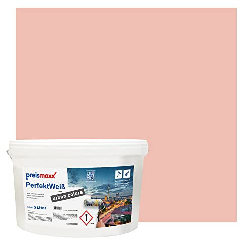 Preismaxx Perfektweiß urban colors, bunte Wandfarbe, rosa, pfirsichrosa, pink peach 5L, Innenfarbe, hohe Deckkraft Klasse 2, matt