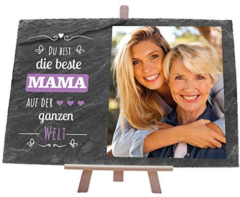 wandmotiv24 Schiefertafel Beste Mama, Personalisiert mit Ihrem Farbfoto, Aufstellschild mit Spruch, Holz-Staffelei, Querformat 30x20cm, Natur Schieferplatte, Foto-Geschenk Muttertag, Deko