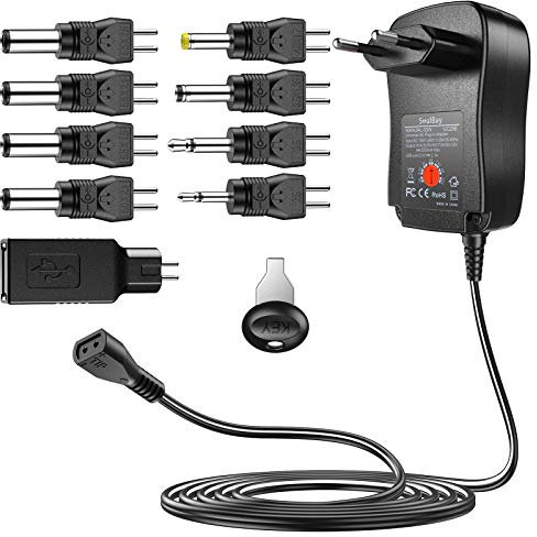SoulBay Adaptador Universal de 30 W CA/CC, Fuente de alimentación conmutada con 9 Puntas seleccionables Incluye Enchufe USB para Dispositivos electrónicos domésticos de 3 V a 12 V, 2000 mA máx.