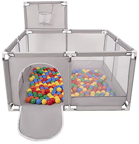 Selonis Laufstall Mit Korb Und 100 Bälle Laufgitter Für Kinder, Grau:Gelb/Grün/Blau/Rot/Orange