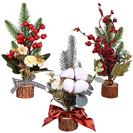 3 Pezzi Mini Alberi di Natale da Tavolo Mini Alberi di Pino da Scrivania con Bacche Rosse e Base in Legno Tavolo da Scrivania Decorazione Decorazioni per Feste di Natale