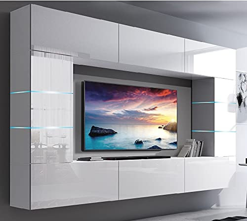 Furnitech Wohnwand Wohnzimmer | Wohnzimmer Möbel mit LED Weiß | Hängend Wohnwand Modern | Wohnzimmer Schrankwand mit Regale und TV Schrank (Future 61/HG/W/2 1A)