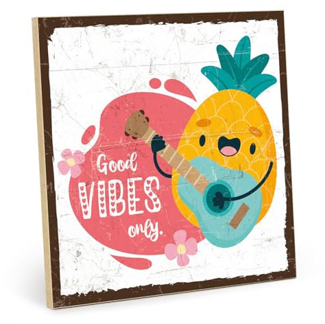 TypeStoff Holzschild mit Spruch – good vibes only – im Vintage-Look mit Zitat als Geschenk und Dekoration zum Thema Hygge - HS-01066