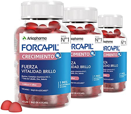 Arkopharma Forcapil Crecimiento, Pack Tratamiento de 3 meses, Sabor Frutos Rojos, Fuerza, Vitalidad y Brillo, Alta Concentración en Biotina, Vitamina B y C, Rojo, 60 Unidad (Paquete de 1)