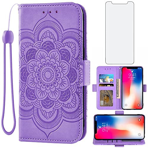 Asuwish Handyhülle für iPhone XS/X Hülle mit Glas Folie Schutzfolie Kartenfach Klappbar Leder Geldbörse Ständer iPhone10Hülle i 10 10s 10x 10xs Handy Hüllen Mandala Schutzhülle Cover Phone Case Lila