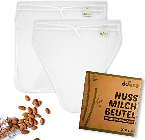 DuEco Nussmilchbeutel mit 2 Stück für Bio Nussmilch & Pflanzenmilch - Mehrzweck Passiertuch für hausgemachten Käse, Obstsaft und Gemüsesaft (2er Set | 1V-förm (28 x 30cm)+1U-förm (30 x 30cm))
