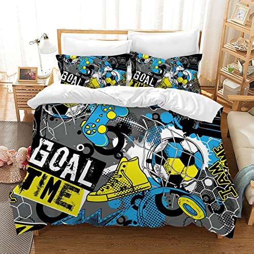 PQCXXA Fußball Bettwäsche für Kinder, 3 Teilig Jungen Teenager Sport Bettbezug-Set,3D Fußball Bedruckte Microfaser Bettbezüge mit Reißverschluss und 2 Kissenbezug 50x75cm (A1, 135x200cm)