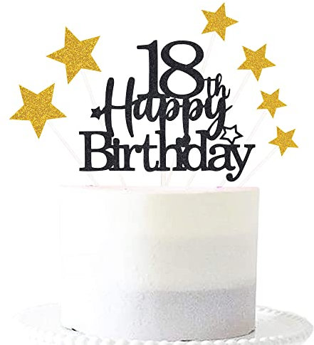 Glittery 18th Happy Birthday Cake Topper with Star,18 Birthday Cake Toppers Party Decorations Party Supplies for Boys Girls Black Gold