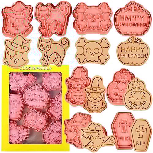 Juego de cortadores de galletas de Halloween, 8 cortadores de galletas de Halloween, juego de cortadores de galletas de plástico para Halloween, bruja, fantasma, calavera, gato negro, pájaro