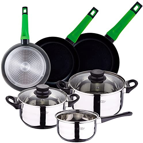 Set Batería de cocina 5 piezas con tapa de vidrio y 3 Sartenes antiadherentes San Ignacio Vitoria