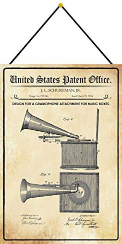 DekoDrom® Blechschild 20 x 30 cm US Patent Grammophon Schallplatten Musik historisches Motiv mit Kordel zum Aufhängen Wand Deko Sammler Geschenk