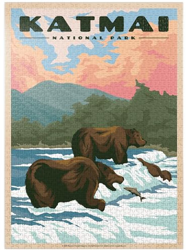 Katmai National Park - Fishing Bears at Brooks Falls, Vintage Travel Poster - Premium 1000 Piece Jigsaw Puzzle for Adults
