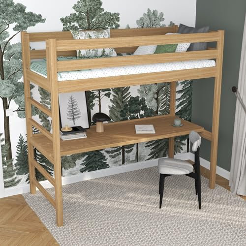 N-wood N01 Hochbett mit Schreibtisch, Etagenbett 120x200 cm, aus Eichenholz, 2 Leitermontageseiten, sichere abgerundete Kanten, Stabile Massivholzkonstruktion, inklusive Lattenrost, Natureiche