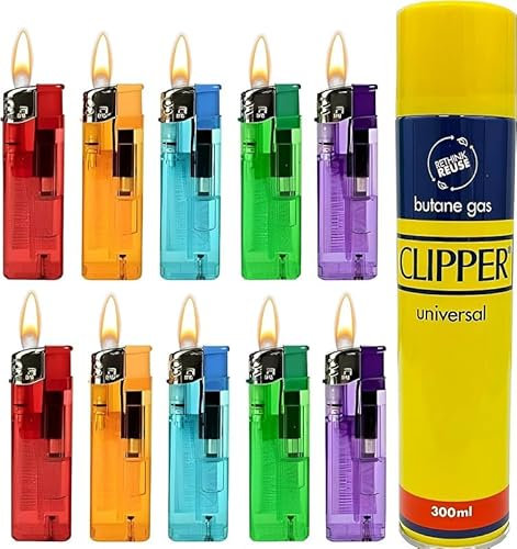 Meown Multicolour Electronic Lighters, Refillable + 2 FREE 300m Gas, Child-Safe with Adjustable Flame, Transparent – For BBQ, Kitchen, Camping (Pack of 25)