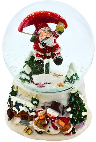 Dekohelden24 Schneekugel mit Spielwerk, Nikolaus an Fallschirm auf aufwendig verziertem Sockel mit Schneemann und Winterkinder, Melodie: We Wish You, Maße L/B/H/Ø: 10 x 11 x 14 / Ø 10 cm.