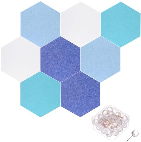PATIKIL Filz Pinnwand Selbstklebend 8 Stück 28 x 24cm Sechseckige Akustikpaneele mit 30 Pinnnadeln Akustikplatten, Wanddekoration für Büro Aufnahmestudio, Weiß/Blau/Himmelblau/Meeresblau