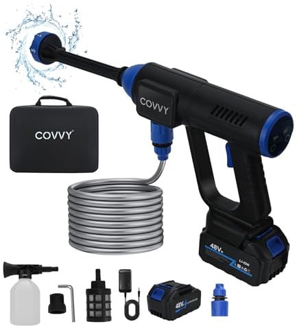 COVVY Cordless Pressure Washer,725PSI Portable Power Pressure Washer with 1.5Ah Battery,Charger,Foam Generator,10m Hose,Hose Connector,Filter,6-in-1 Nozzle,Jet Washers for Car/Fence/Garden Cleaning