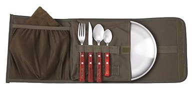 New Direction Tackle Stainless Steel Cutlery | one Person Set | Elegant Real Wood Handles | Sturdy and Robust | Practical Bag, Plate and Towel Included