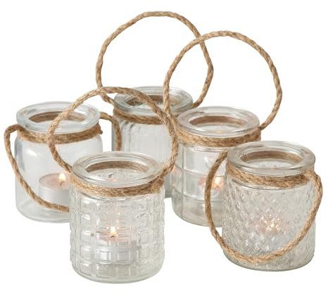 Seaside No.64 - Windlicht-Set 5 teilig aus Glas mit Kordel zum Aufhängen - Teelichthalter in verschiedenen Designs für Romantisches Ambiente - Kerzenständer Retro Kristall Ornamente - (klar/transp.)