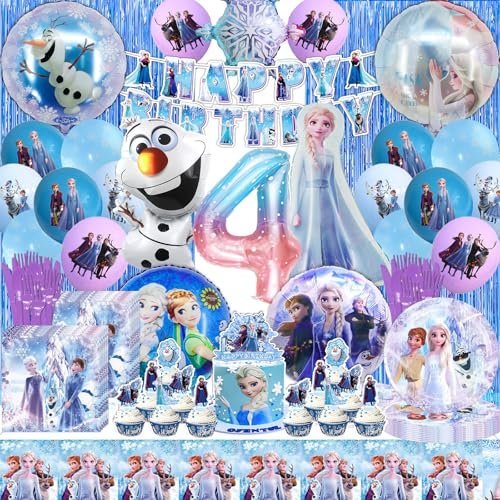 DLLFFB El-sa Geburtstagsparty Deko 4 Jahre, Diverse Froze Geburtstagsdeko Luftballon 4 Jahre, Froze Party Deko Mädchen Set, Hübsch Eiskönigin Geburtstagsdeko Snowman Szenen (El-sa Deko Geburtstag 4)