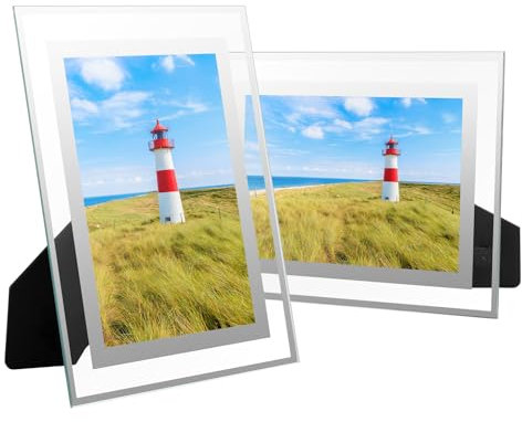 Chstarina Set de 2 Cristal para Marco de Fotos 10x15,Marcos de Fotos Vidrio para la Mesa, Portafotos de Cristal Modernos, Marcos para Cuadros 10x15 con el Borde Plateado, Marcos de Cristal para Fotos