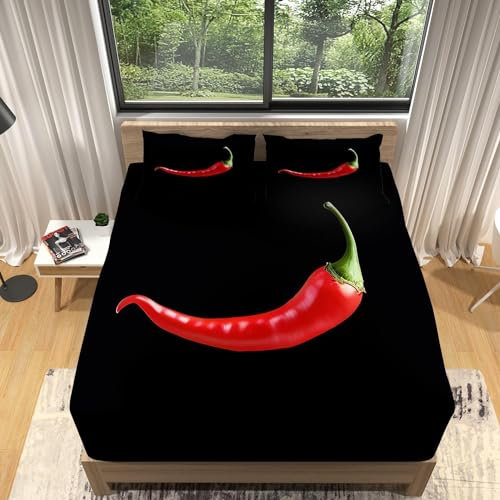 3D Spannbettlaken 90x190 cm Rot Weiches Mikrofaser Bettlaken Spannbetttuch für Kinder, Chili Bettlaken - Tiefe Tasche 30 cm Mit 1 Kissenbezügen L1045